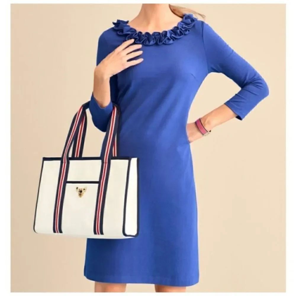 Talbots women’s royal blue ruffle neck shift dress PS